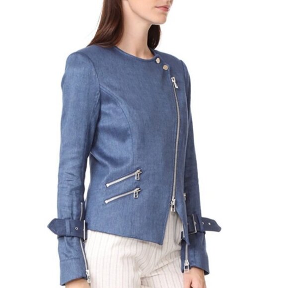 Veronica Beard Sienna Collarless Denim Moto Jacket 0 Linen Blend Jean Zip Up USA - Picture 4 of 15
